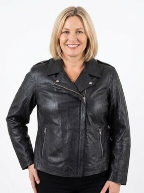 Roamans Leather Moto Jacket Size 26W Black Front Zipper Zip Pockets Motorcycle